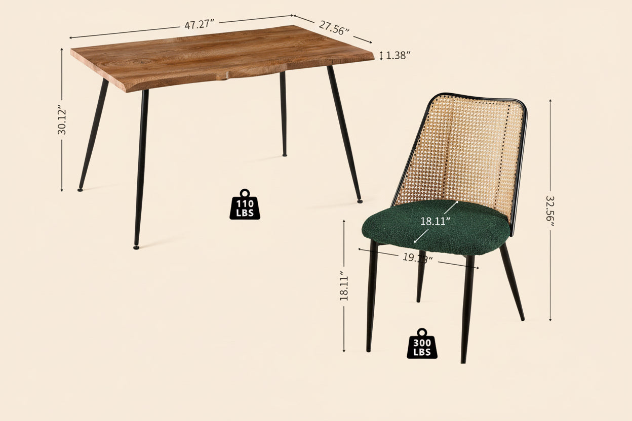 Wooden table and chair with dimensions and weight labels on a white background