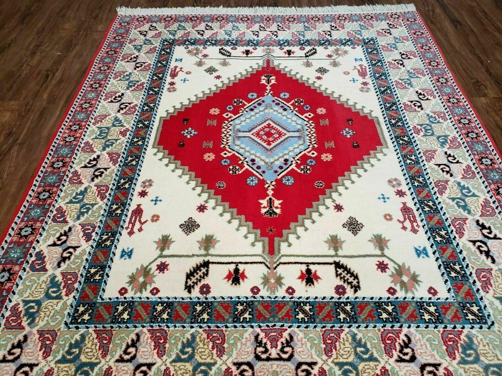Vintage Moroccan Carpet 5x7 Area Rug, Berber Rug, Handmade Soft Wool Rug, Red Ivory and Blue, Geometric Medallion Rug, Bohemian Rug, Nice-3