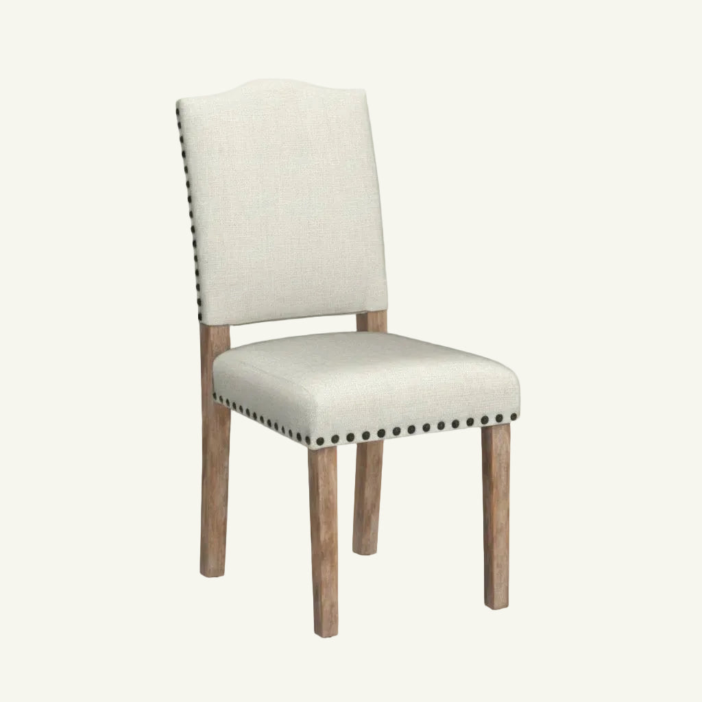 Chair with beige upholstered seat and backrest on a white background
