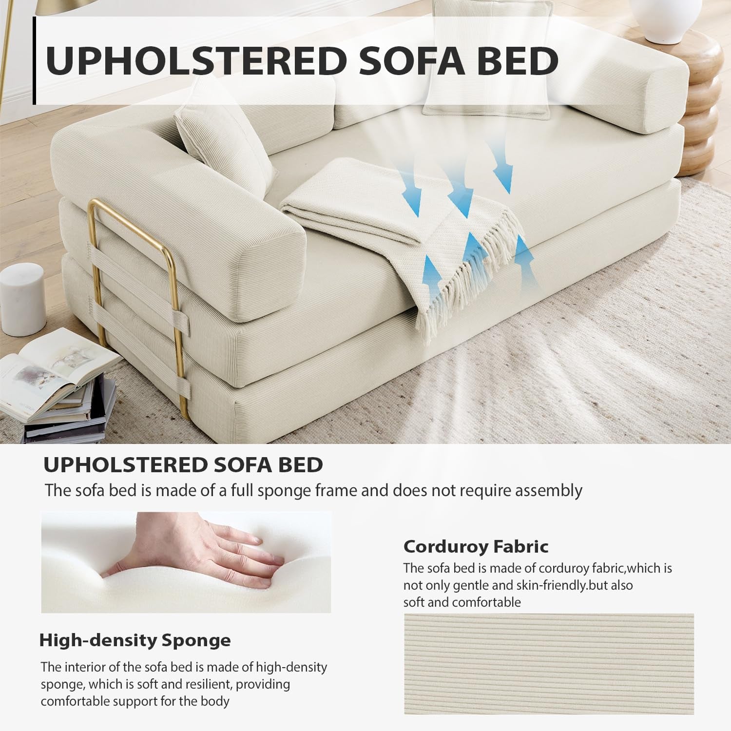 Upholstered sofa bed with corduroy fabric and high-density sponge, shown in a living room setting.