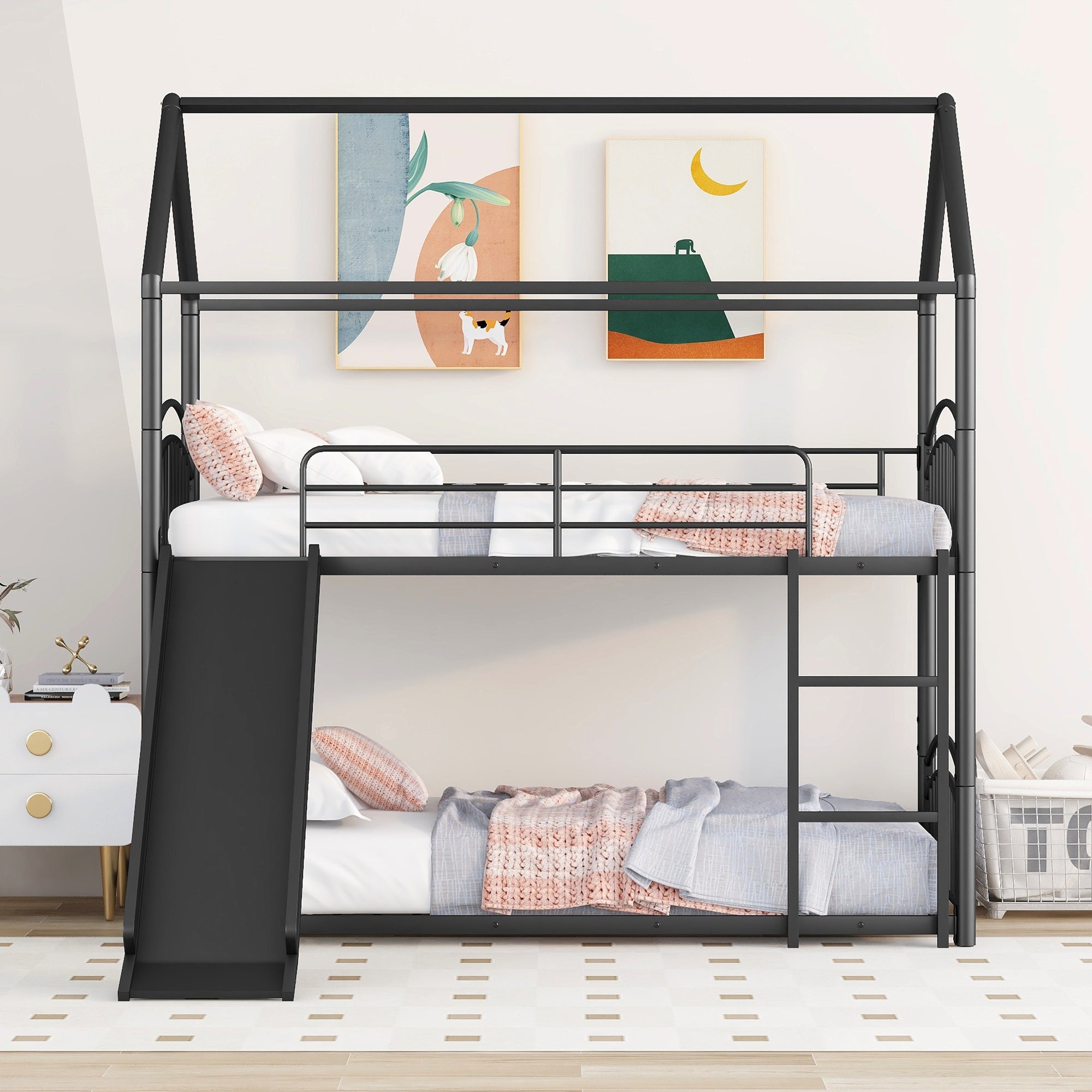 Twin Over Twin Metal Bunk Bed With Slide, Kids House Bed