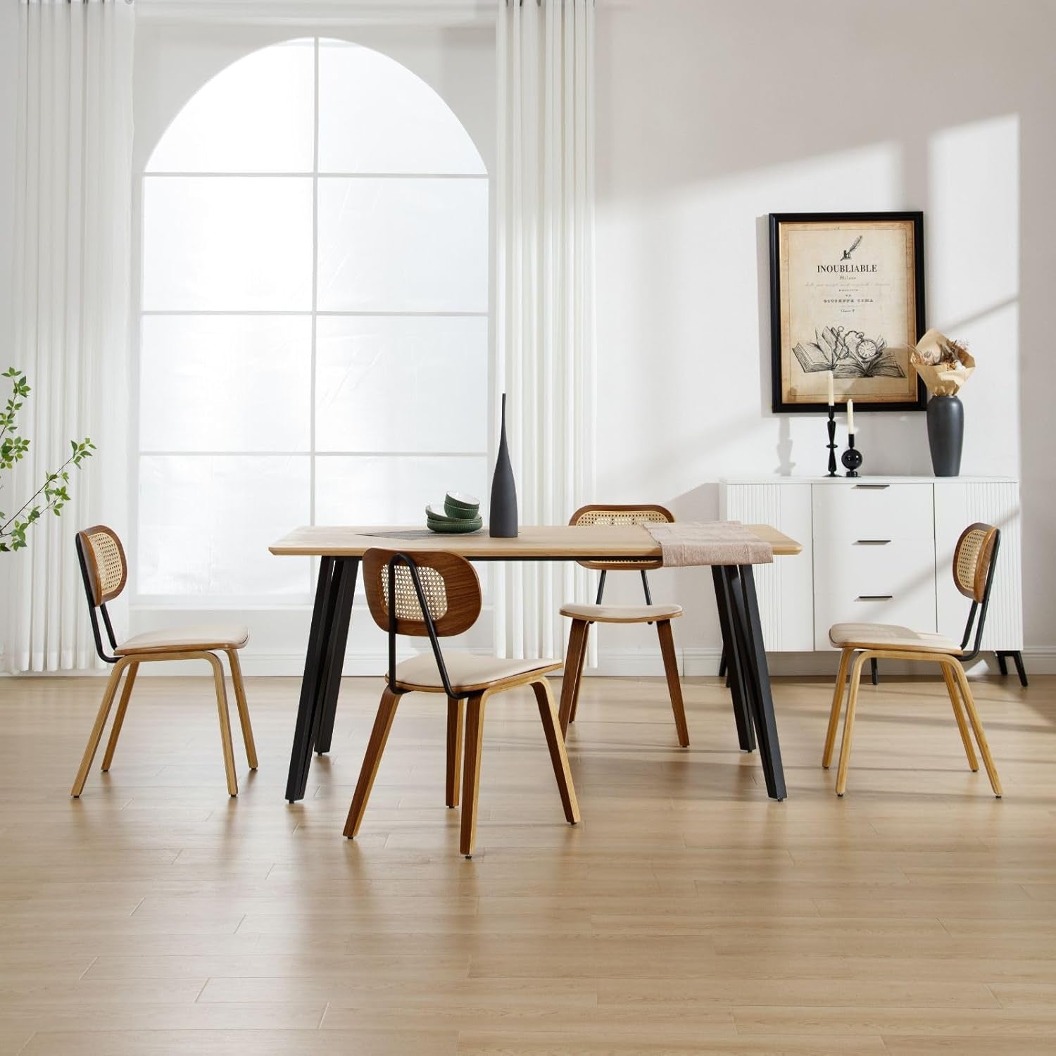 Hardy Haus Beige Upholstered Dining Chairs with Rattan Backrest