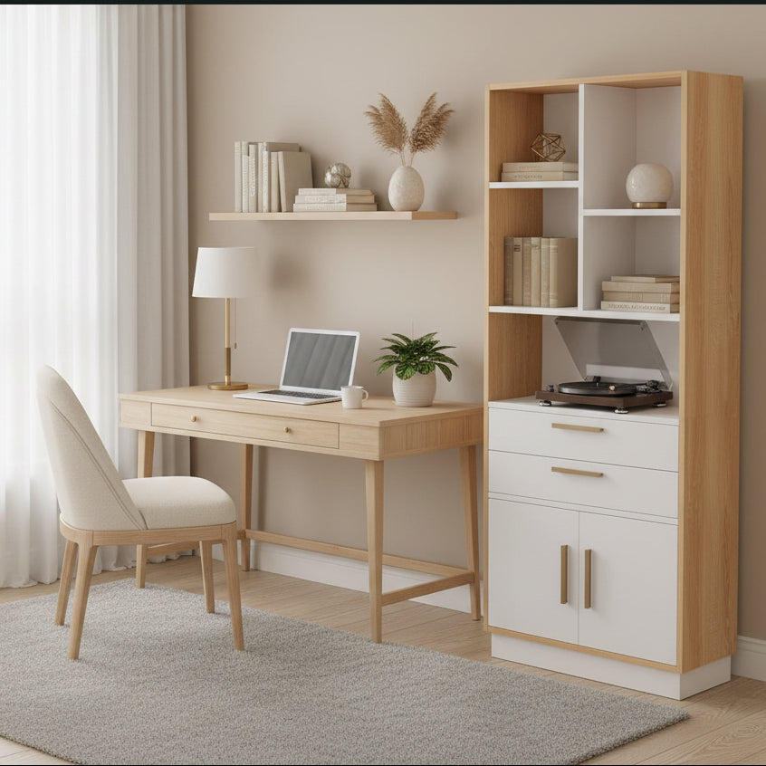Storage unit with shelves and drawers, featuring icons and text indicating its uses.