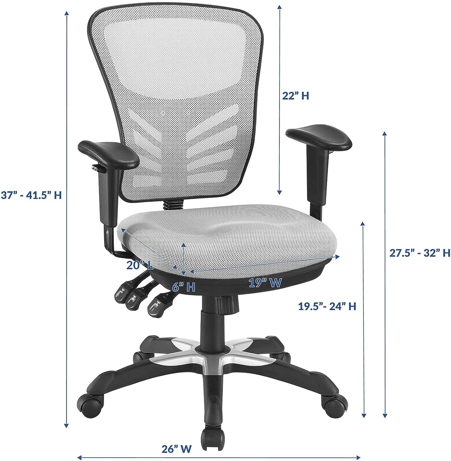 Gray office chair with dimensions labeled on a white background