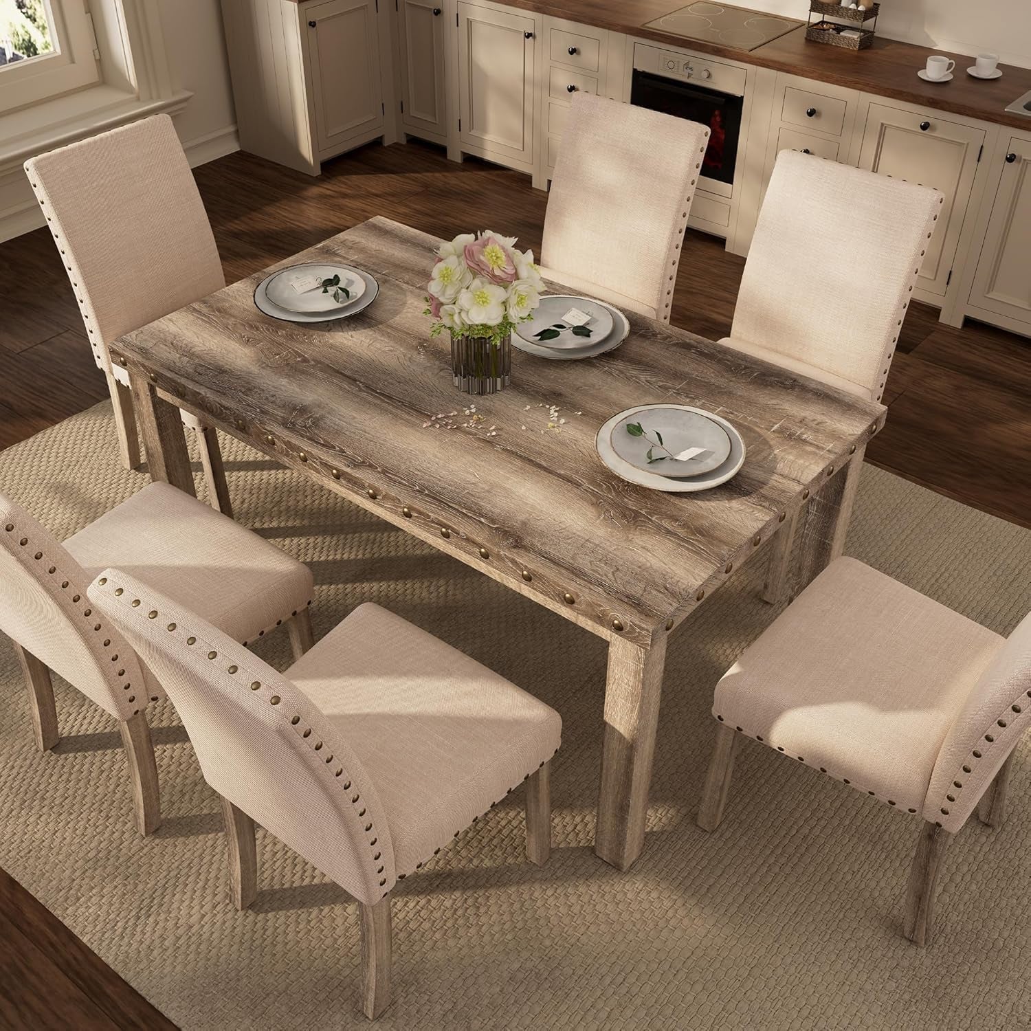 Dining room with a wooden table and chairs in a kitchen setting