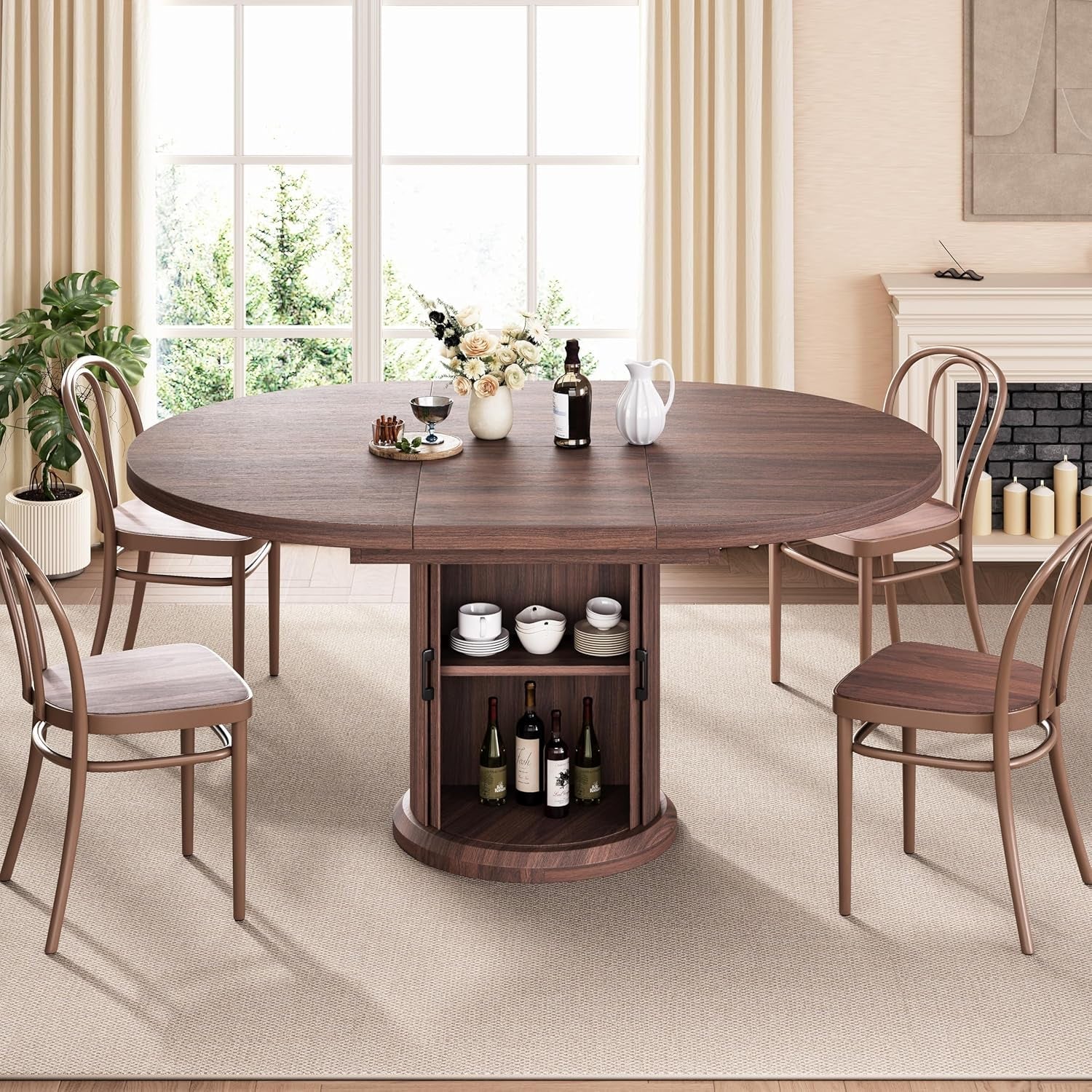 Extendable Round Oval Dining Table Brown 47-63 Inch-2