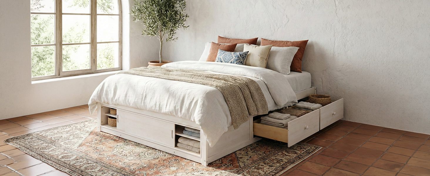 Platform Bed Frame with 4 Storage Drawers and Footboard Storage Cubby,