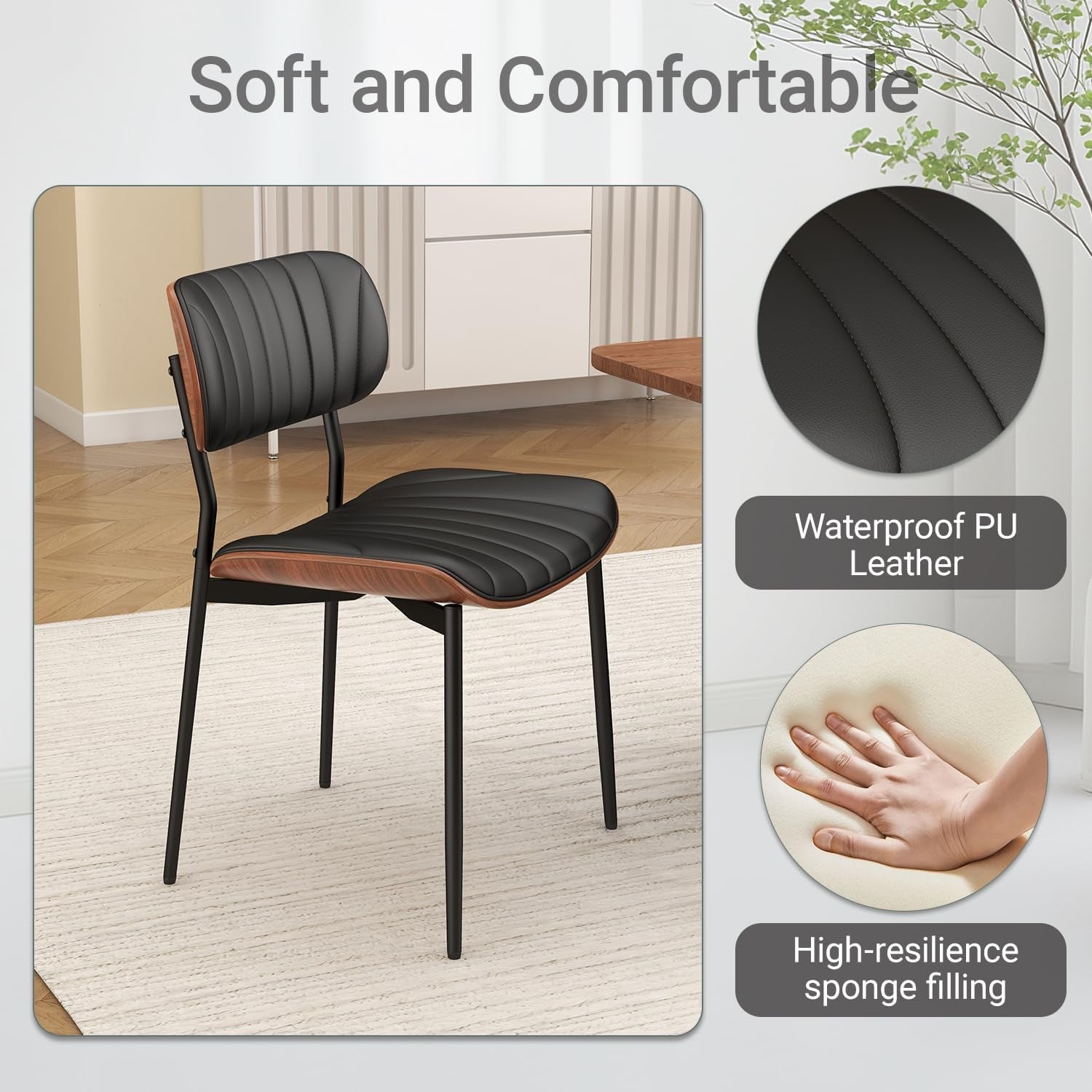 Black chair with waterproof PU leather and high-resilience sponge filling, placed in a room.