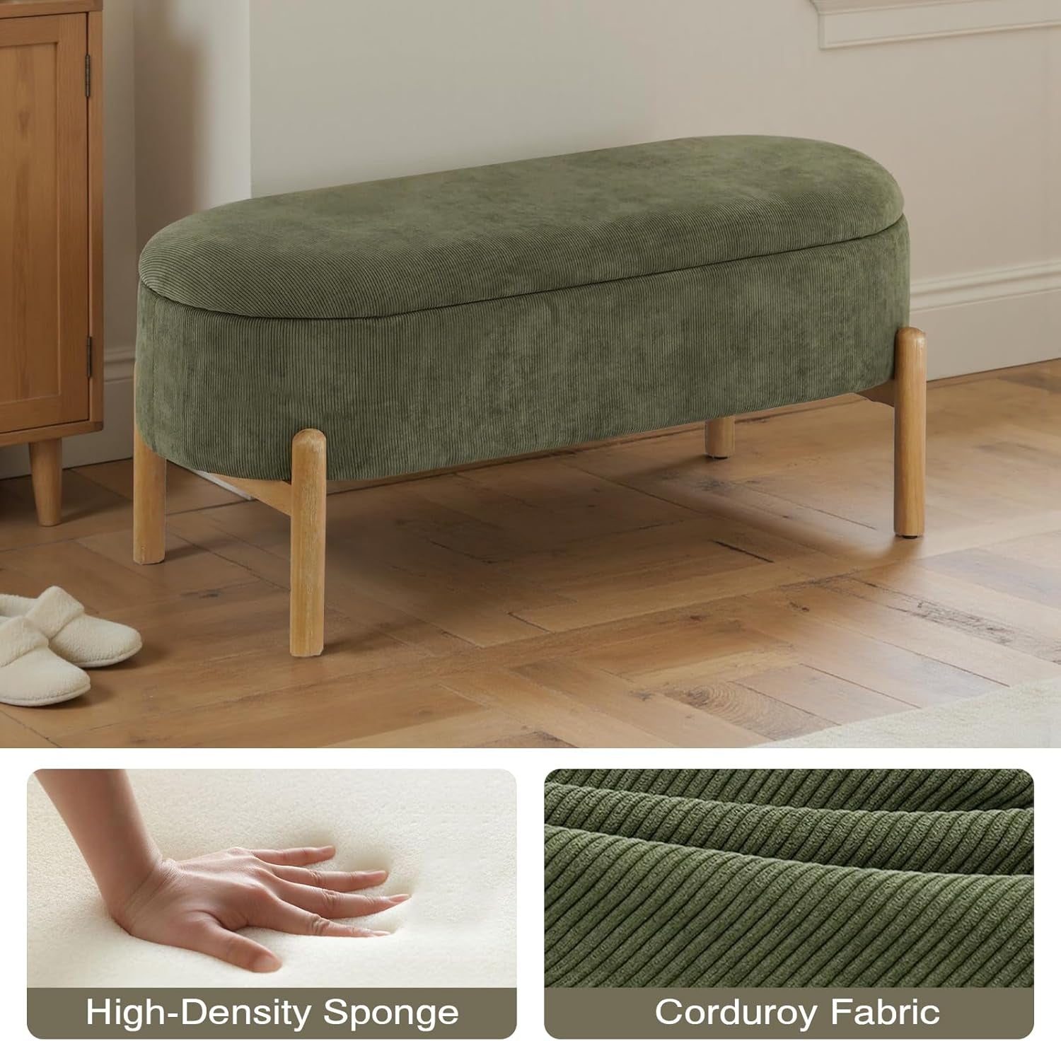 Green ottoman with wooden legs on a wooden floor, with close-up insets of high-density sponge and corduroy fabric.