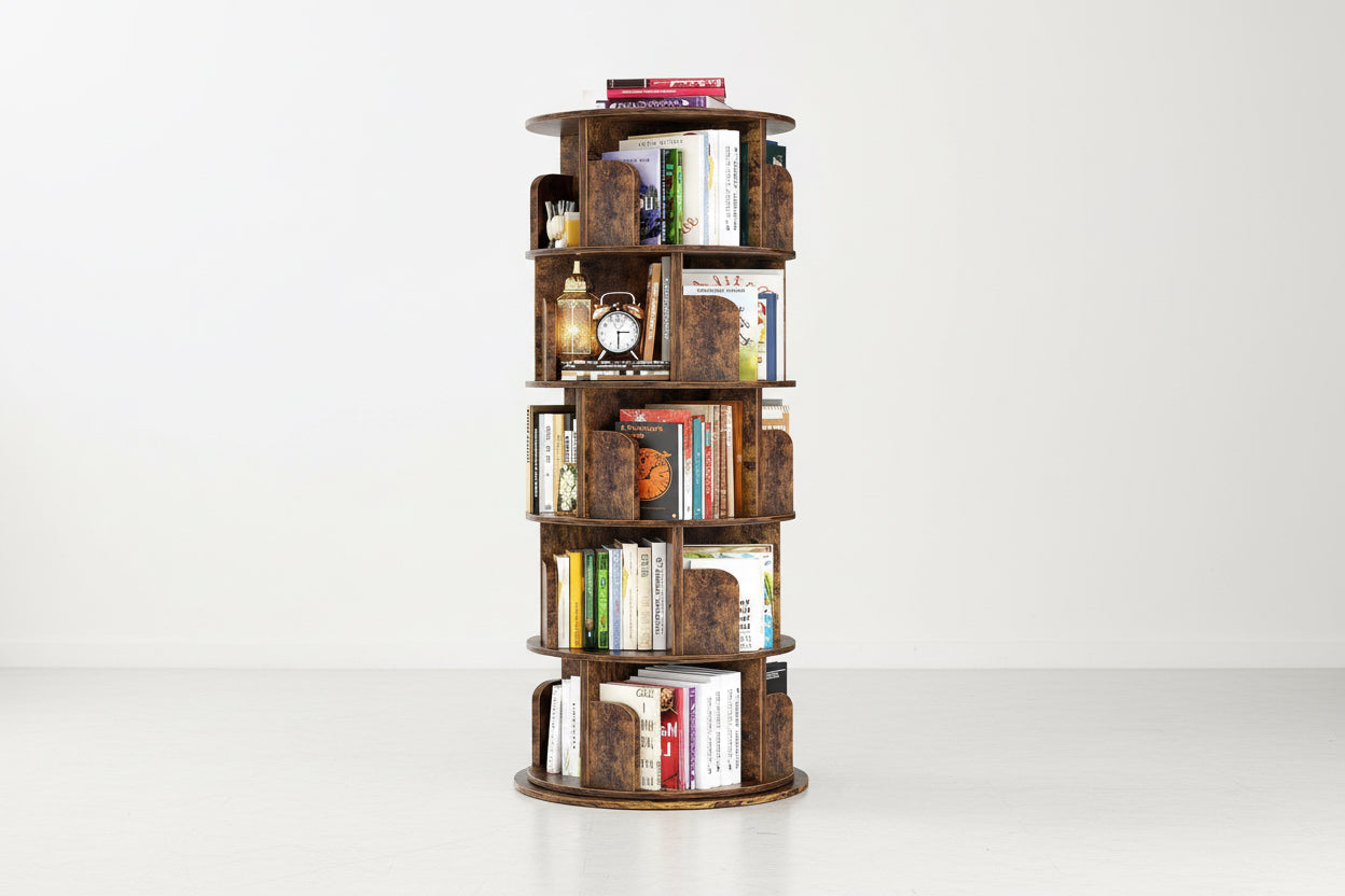 Wooden bookshelf with books and decorative items on a white background