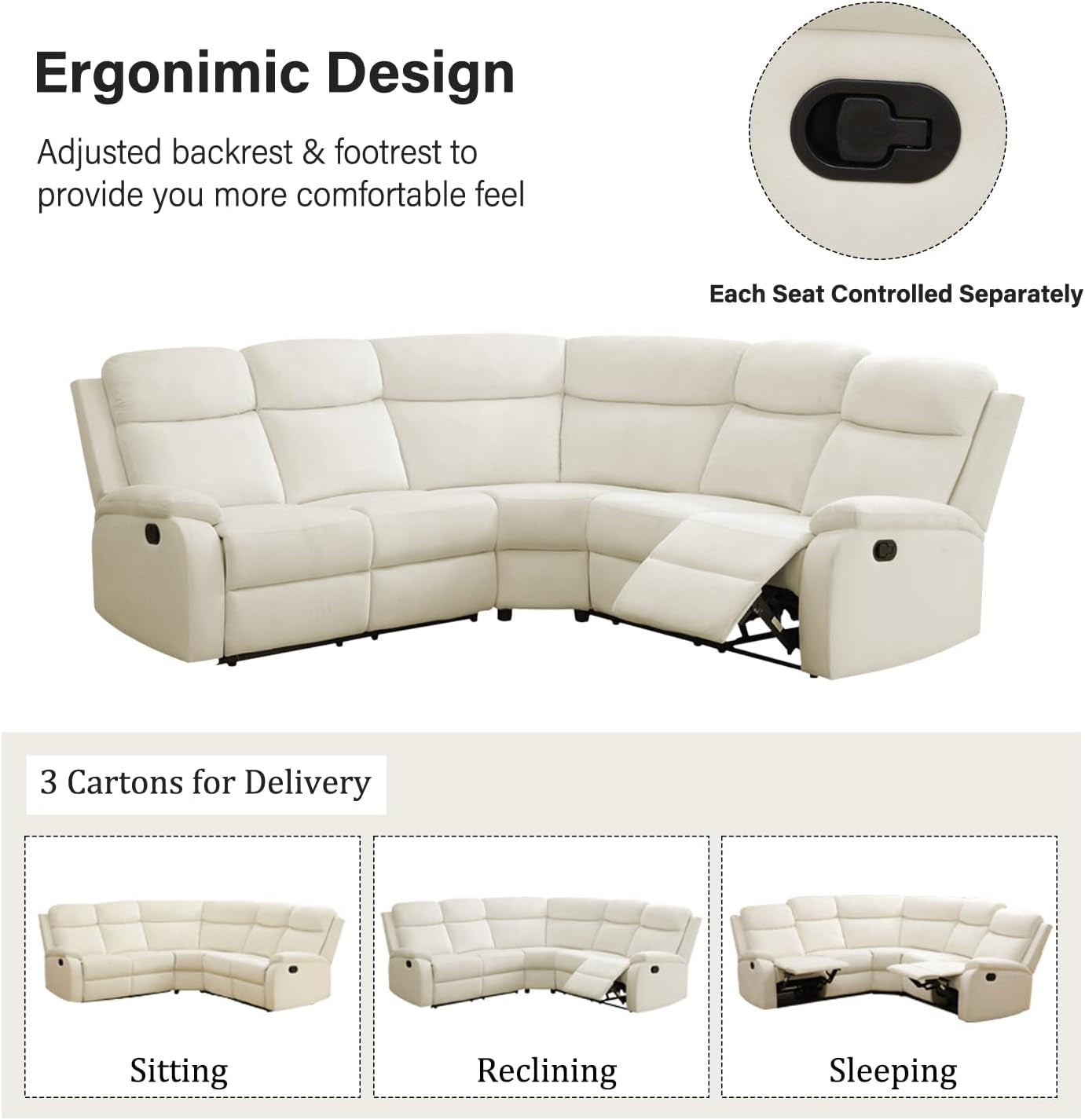 White sectional sofa with reclining feature on a white background