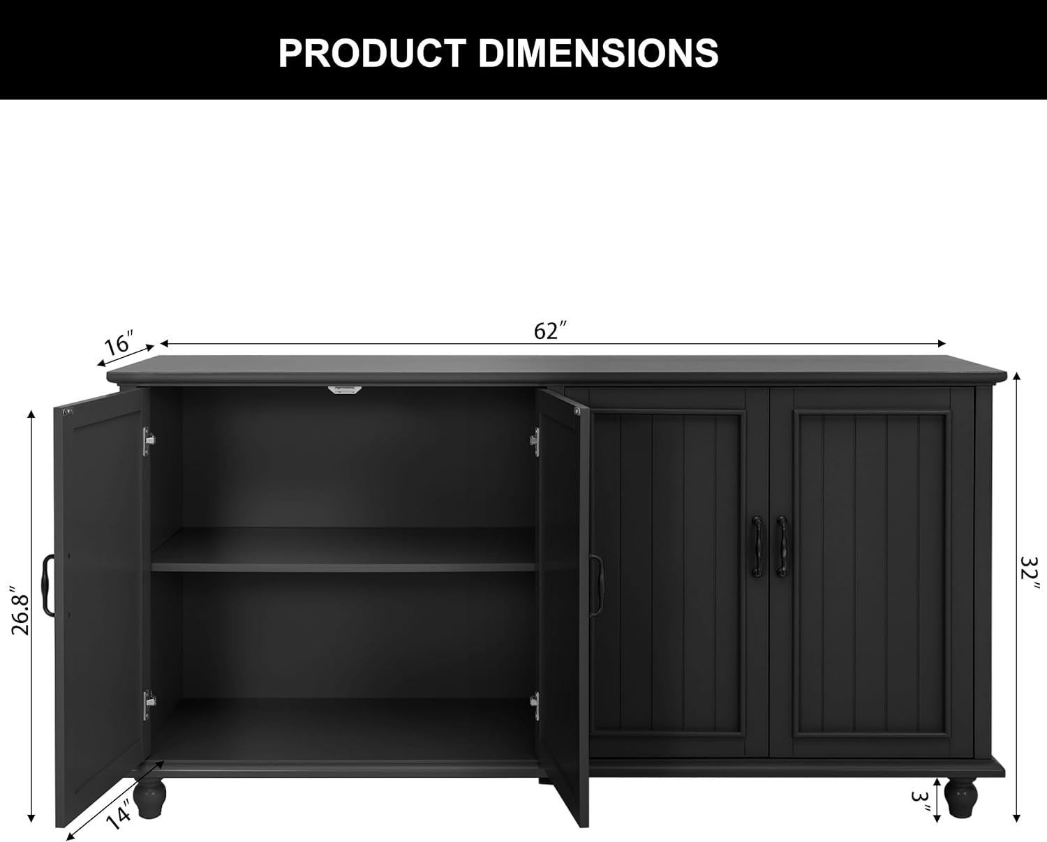 Black cabinet with dimensions labeled on a white background