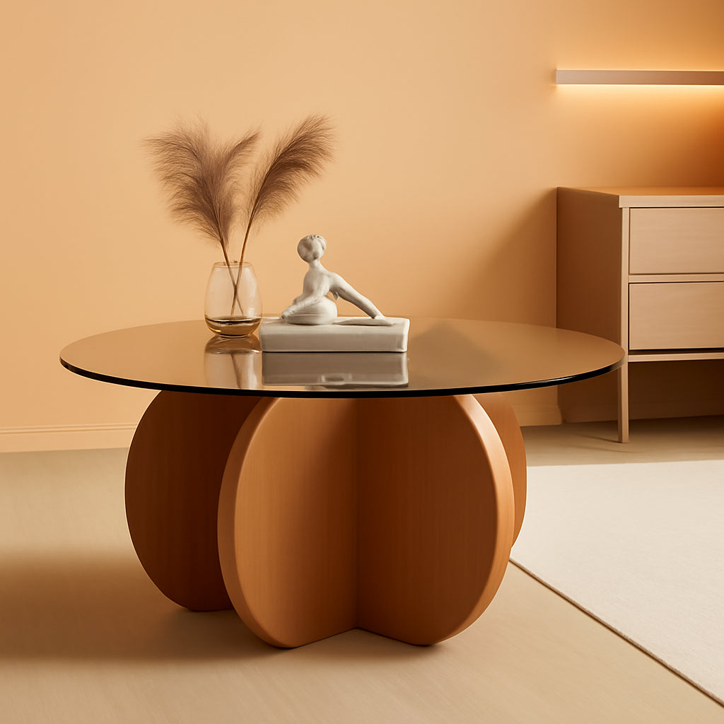 Modern glass table with a brown wooden base in a minimalistic room.