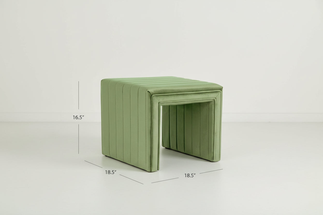 Green ottoman with dimensions on a white background