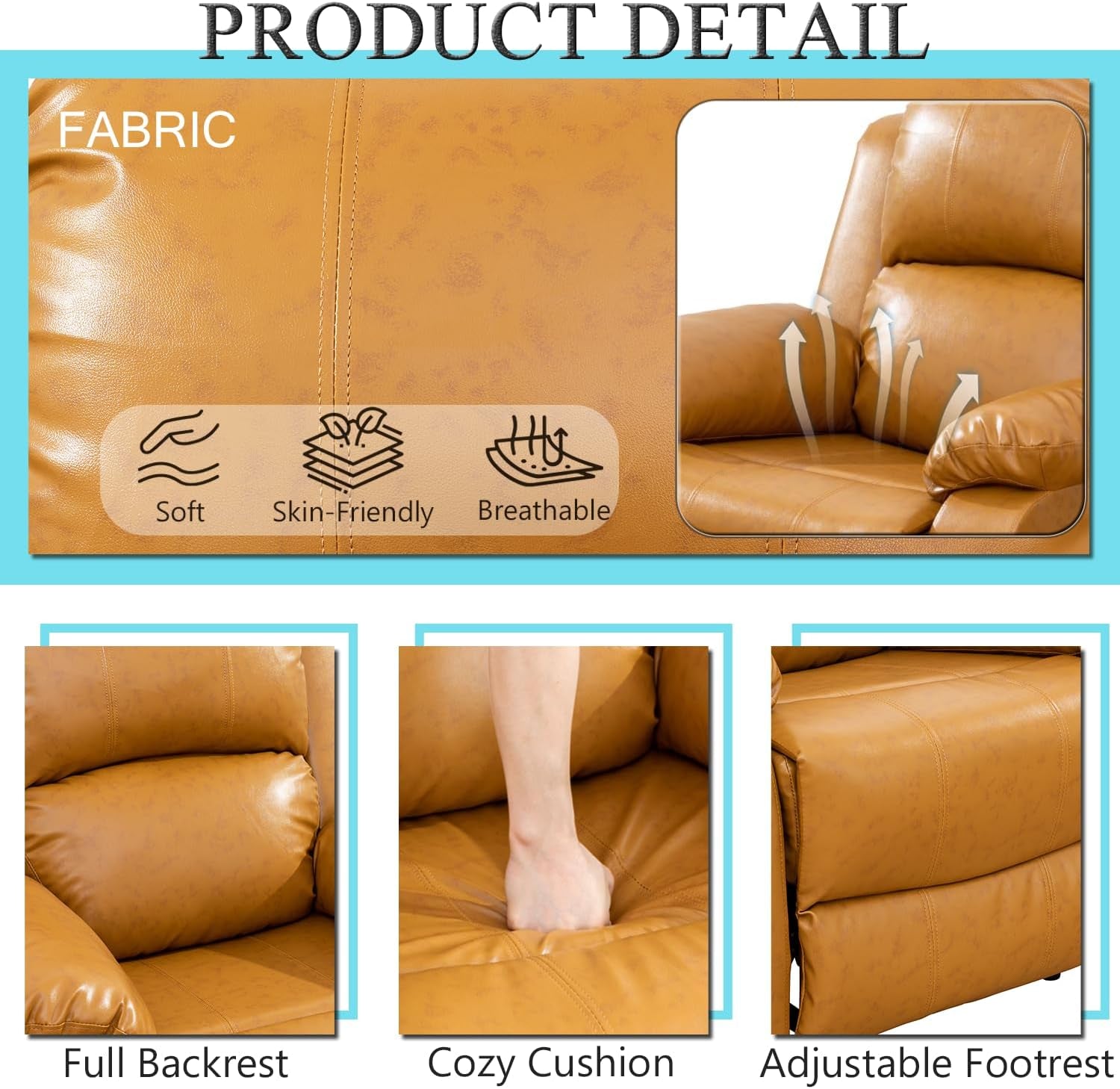 Brown leather sofa with fabric details and features highlighted
