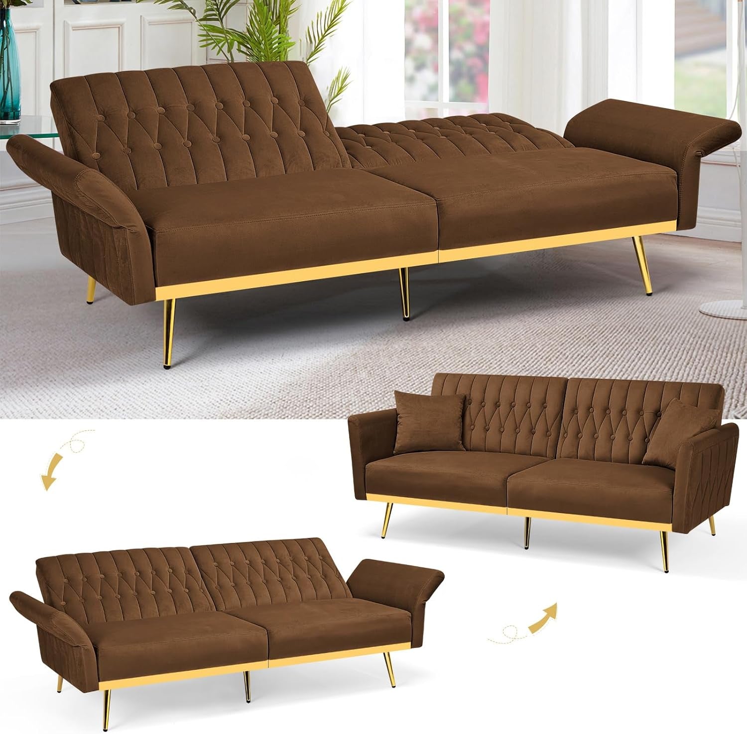 Brown sofa with gold legs in a room setting