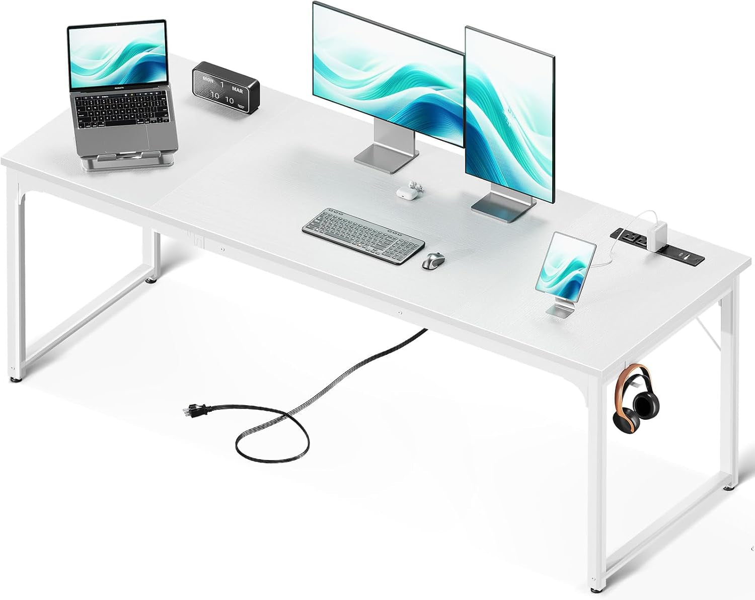 White computer desk with multiple electronic devices on a white background