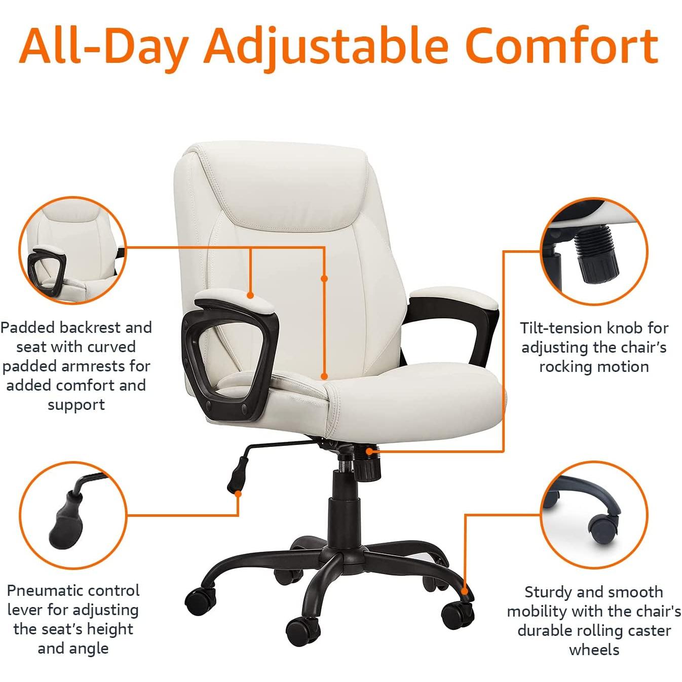 White office chair with adjustable features highlighted on a white background