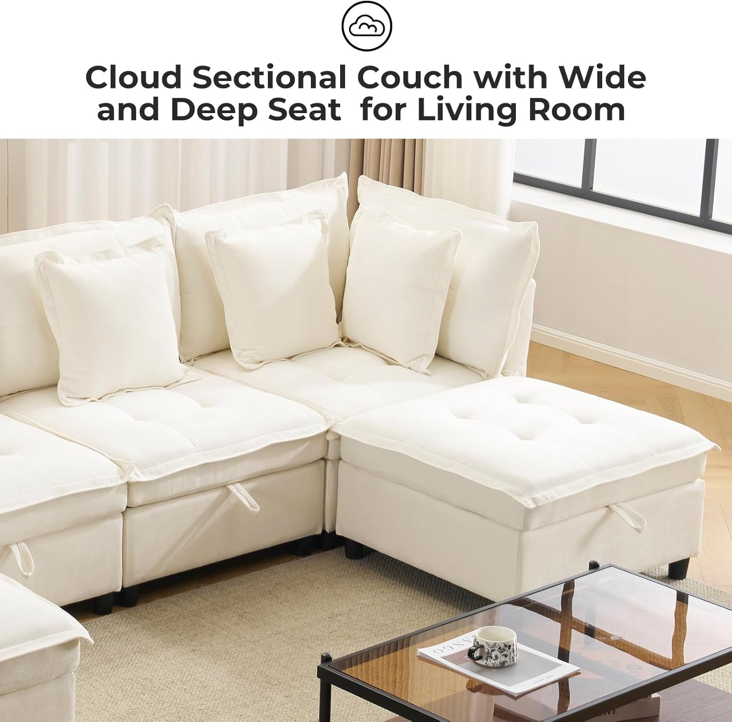 White sectional couch with wide and deep seat in a living room setting