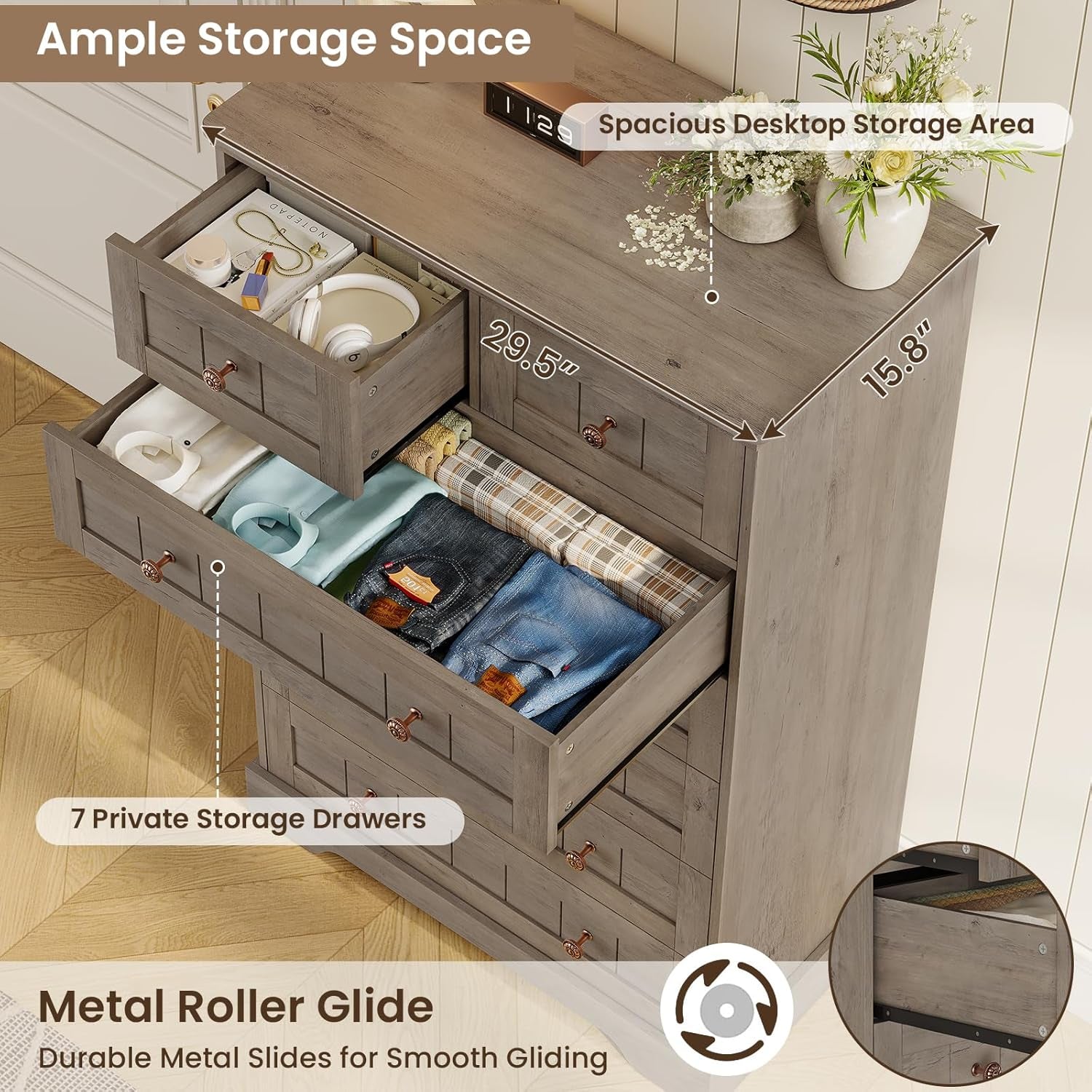 Wooden desk with open drawers showing storage capacity, labeled features, and close-up of metal roller glide.