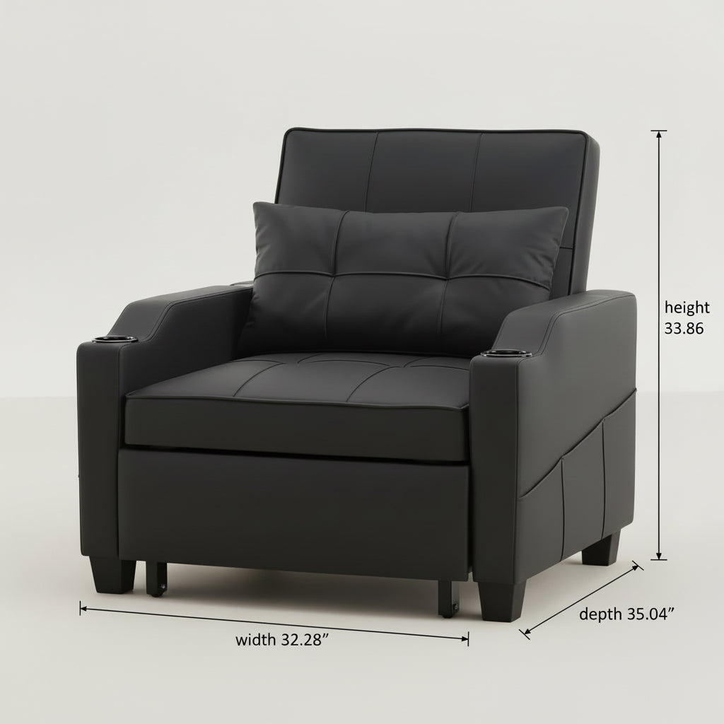 Dimensions of a black recliner sofa with Vinli branding.