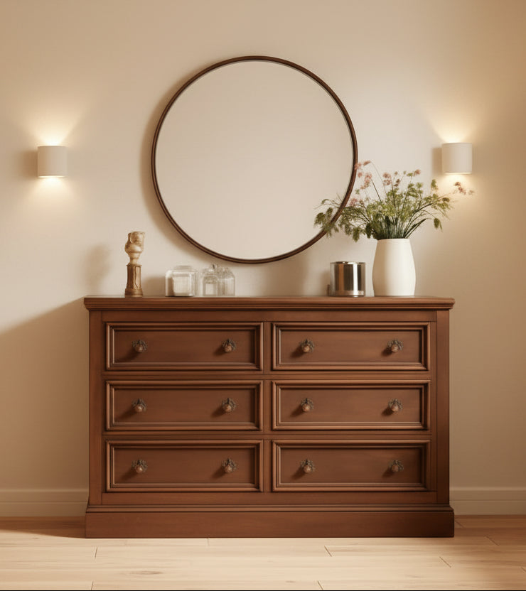 Wooden dresser with round mirror and decorative items against a beige wall.