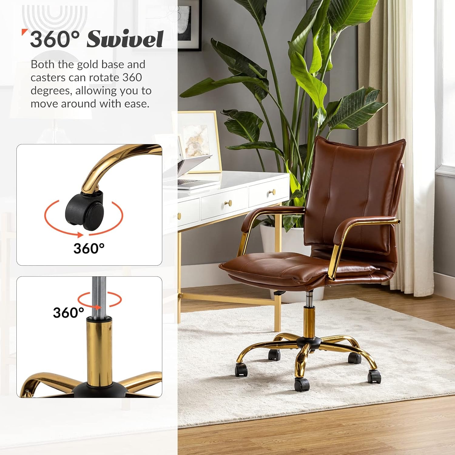 Brown office chair with gold base and casters in a room with a plant and desk.