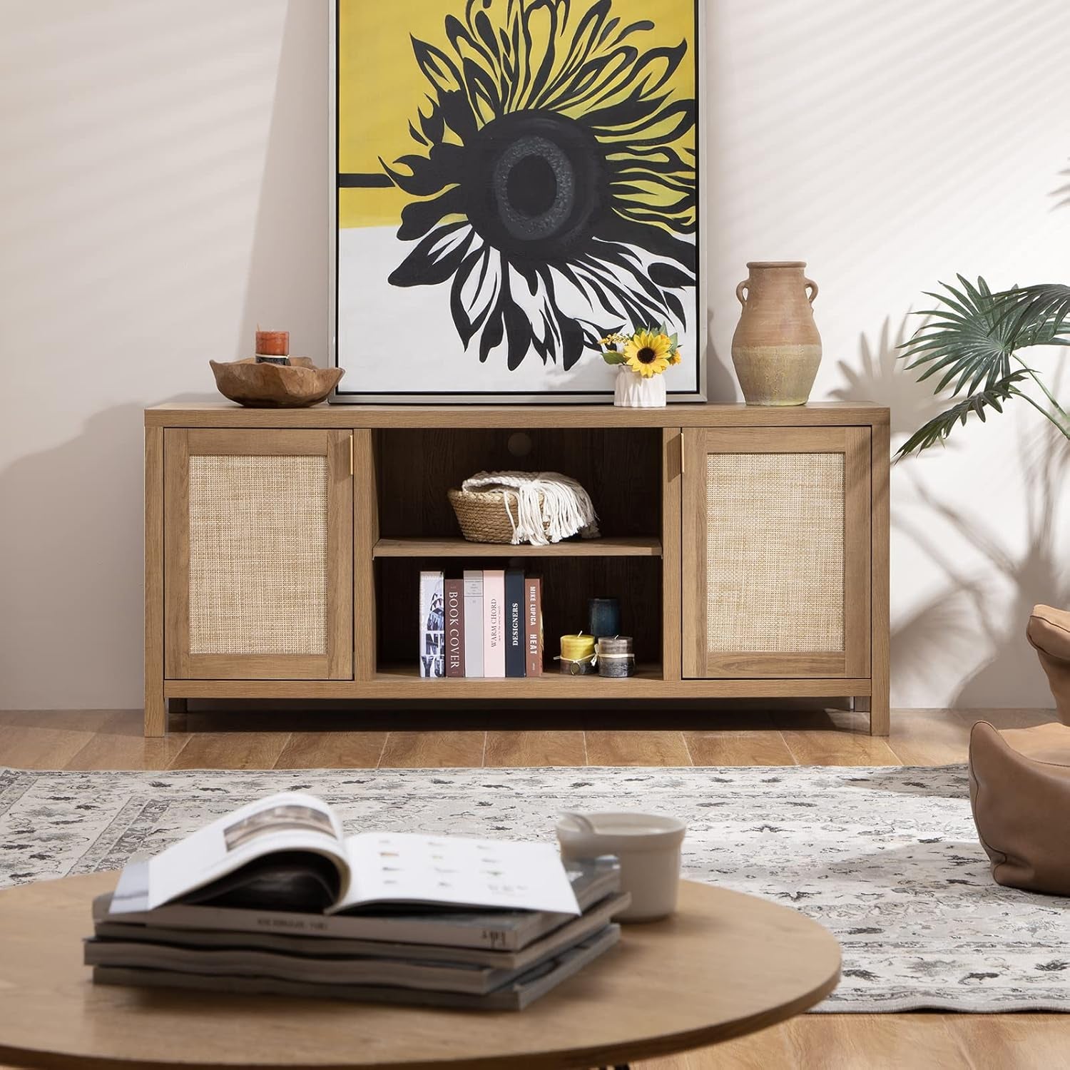 Boho Rattan TV Stand With Adjustable Shelves 59 Inch Oak