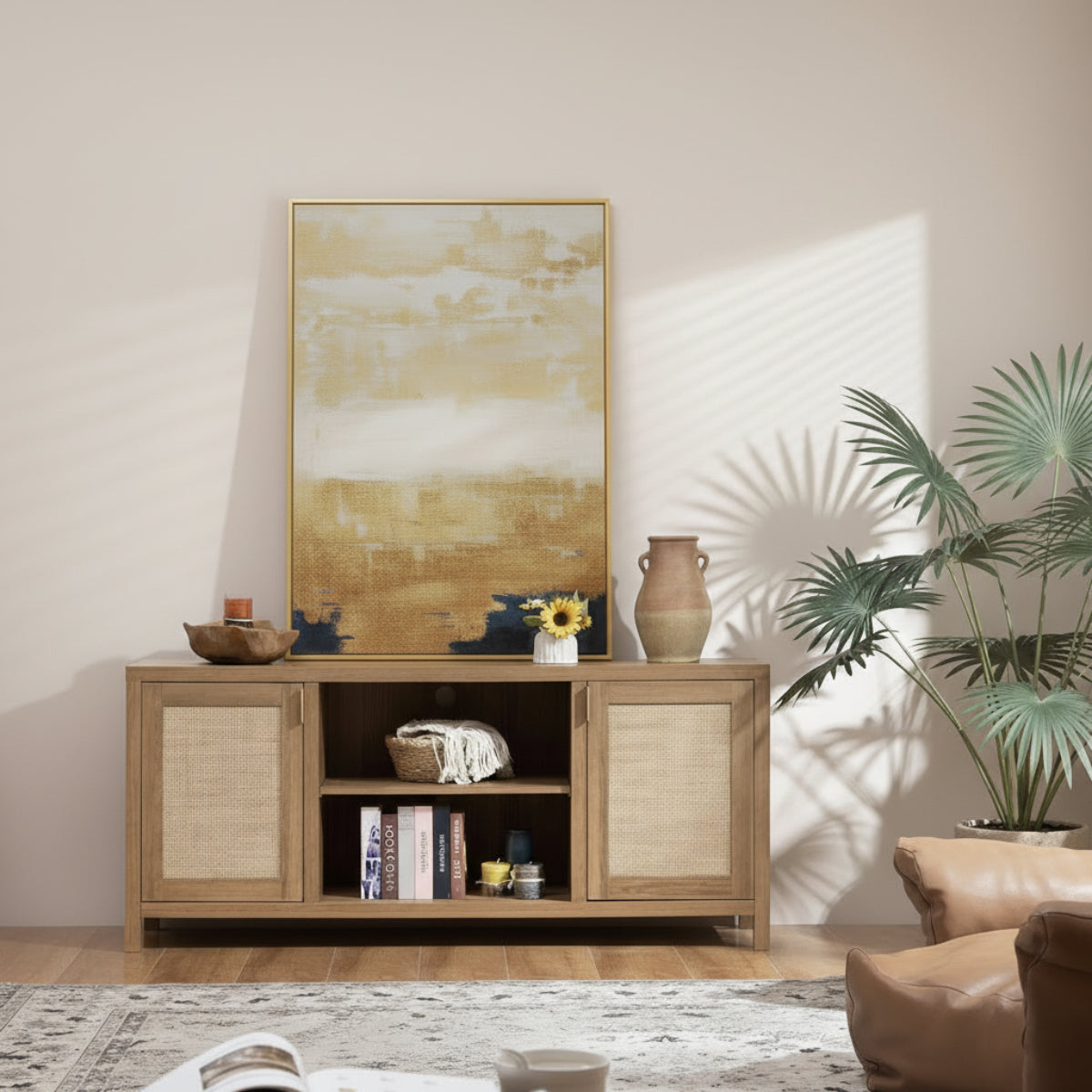 Wooden sideboard with decorative items in a living room setting, featuring a sunflower painting on the wall.