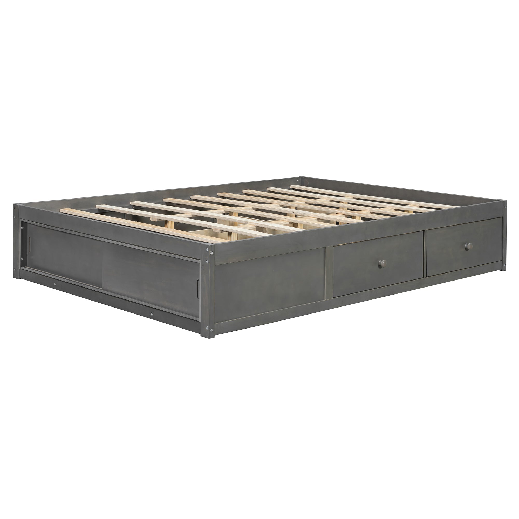 Platform Bed Frame with 4 Storage Drawers and Footboard Storage Cubby,