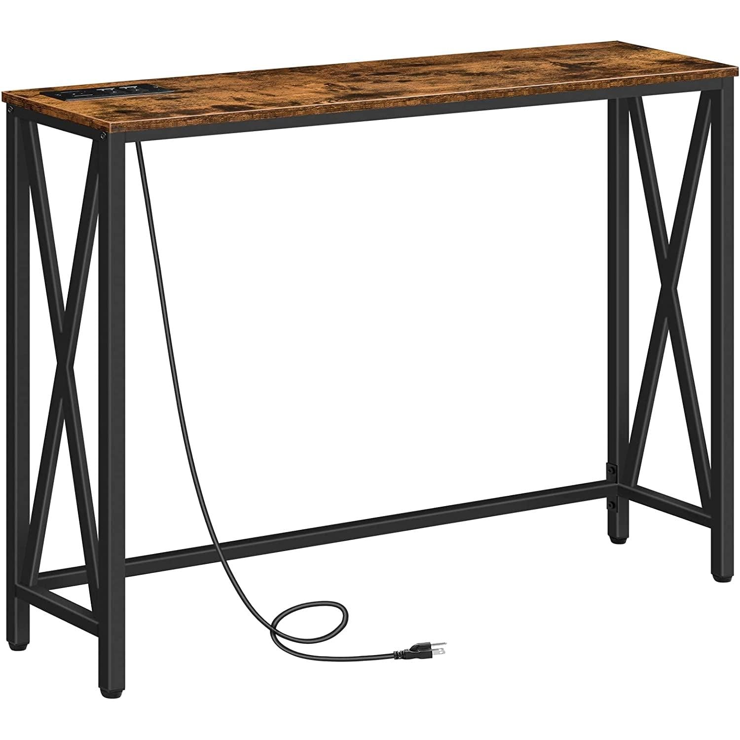 Wooden table with black metal legs on a white background