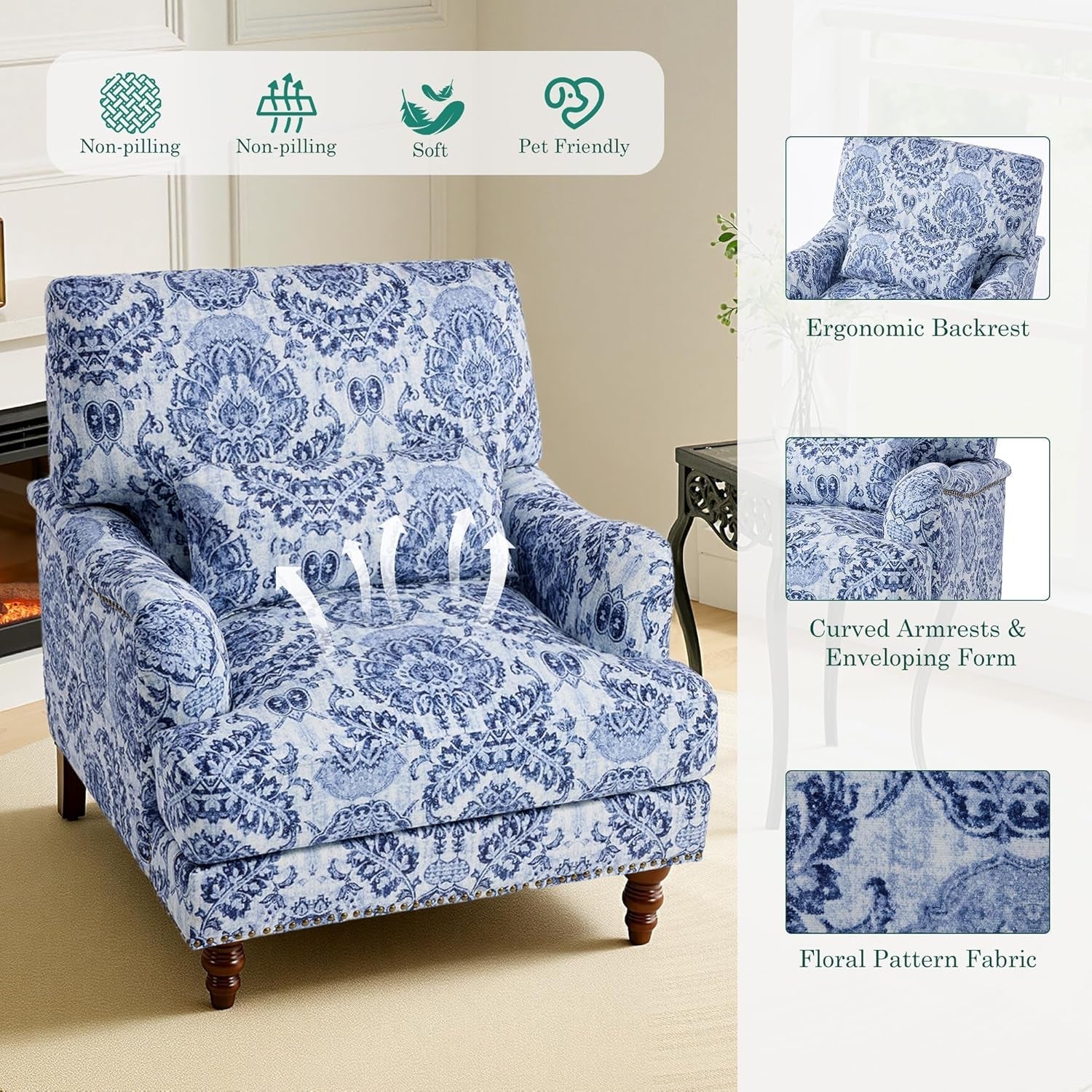 Blue and white patterned armchair with features highlighted on a beige background