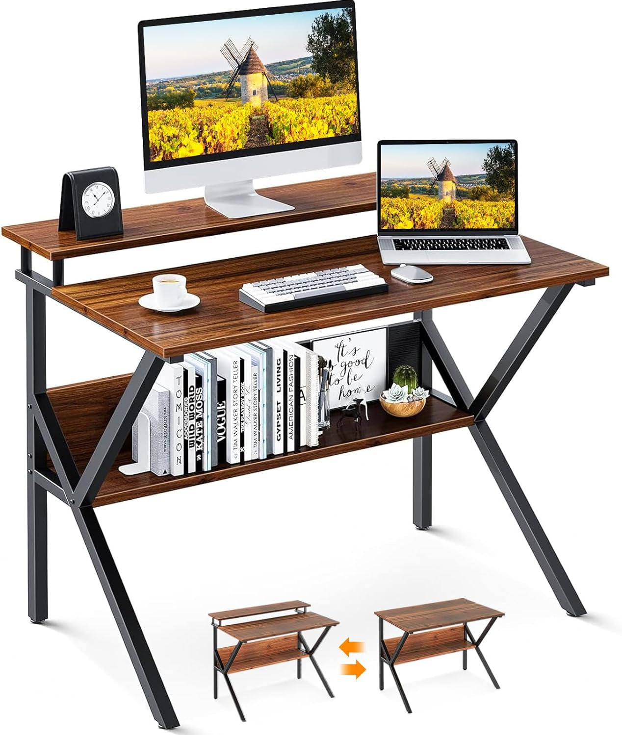Small Desk, 27.5 Inch Small Computer Desk for Small Spaces, Compact Desk with Storage, Tiny Desk Study Desk with Monitor Stand for Home Office, Espresso-0