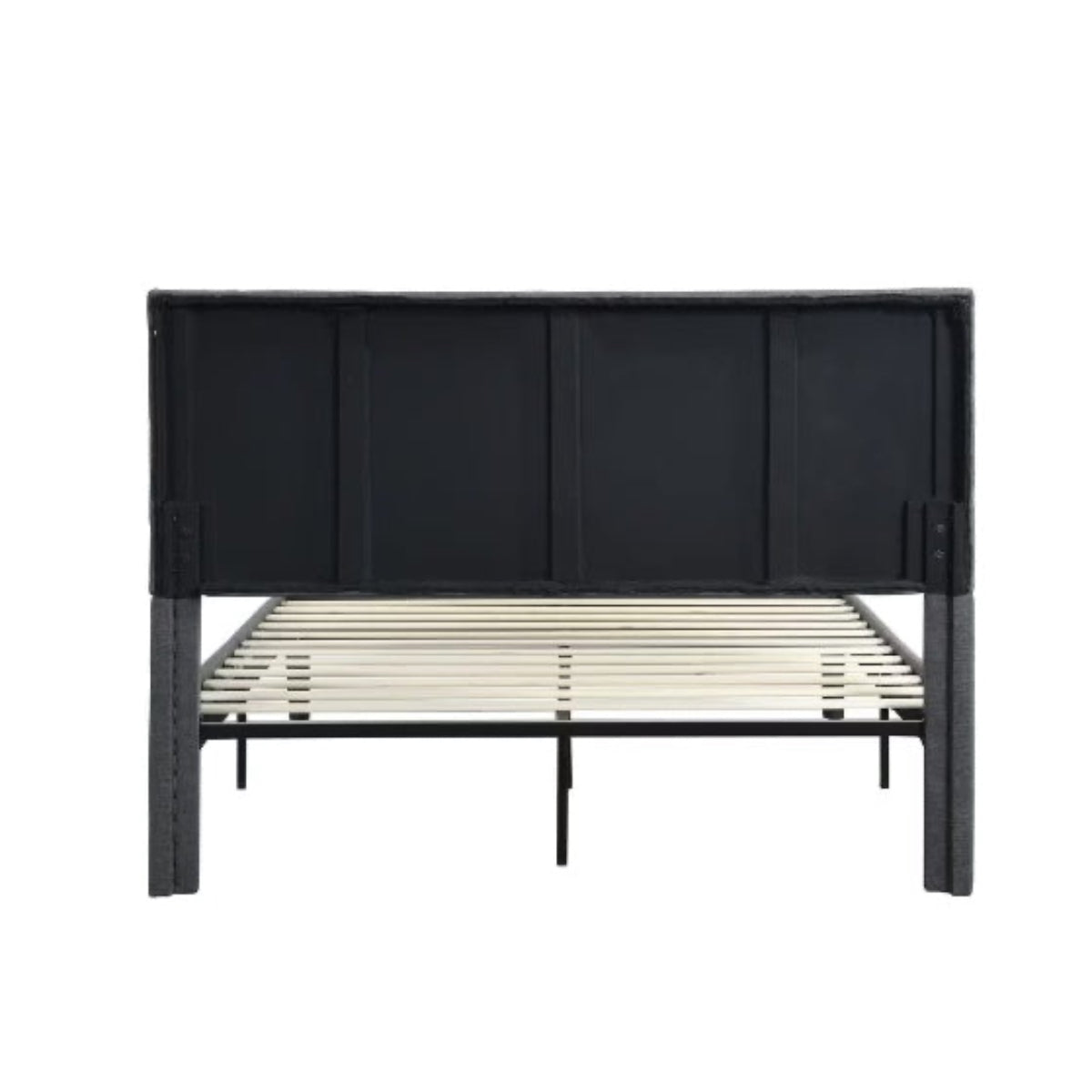 Black metal bed frame on a white background