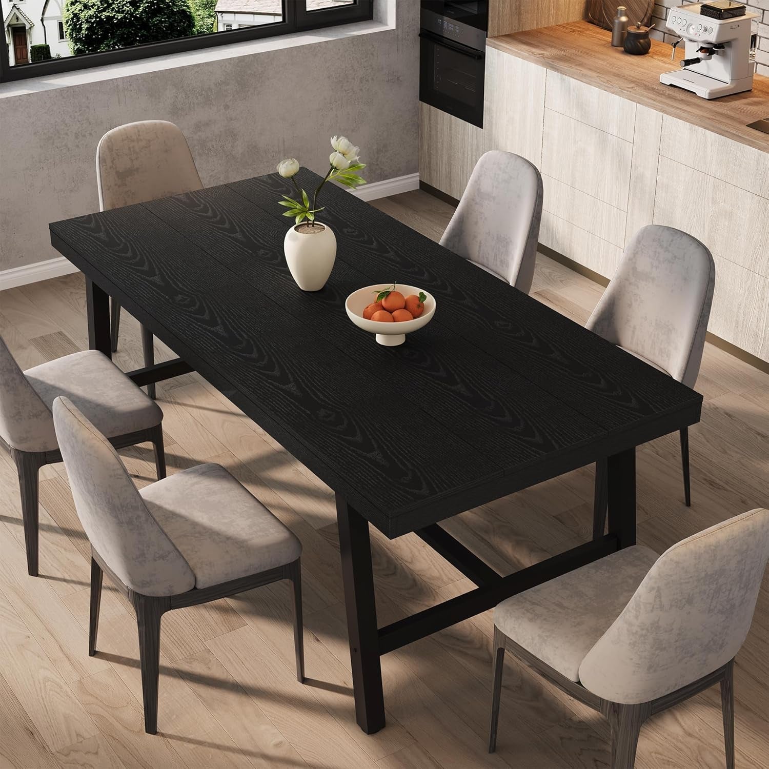 Dining table with chairs in a modern kitchen setting
