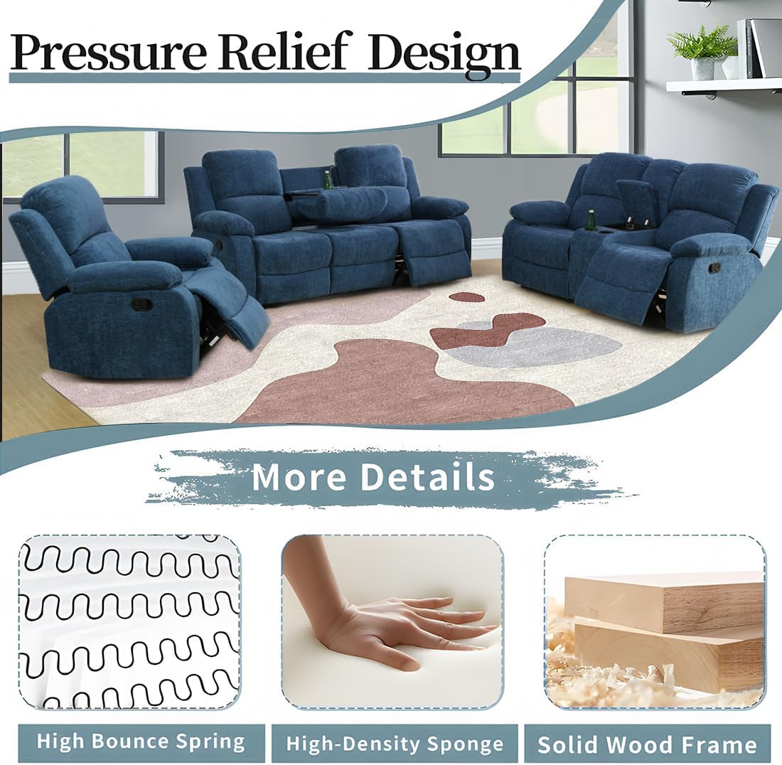 Blue recliner sofa set with pressure relief design features on a white background