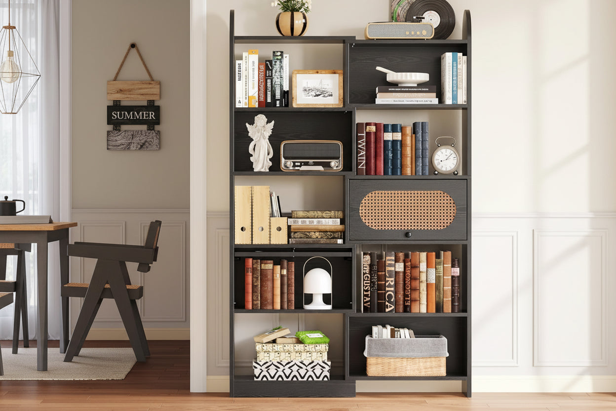 Black bookshelf with various items and a chart labeled 'Ample storage space' above it.