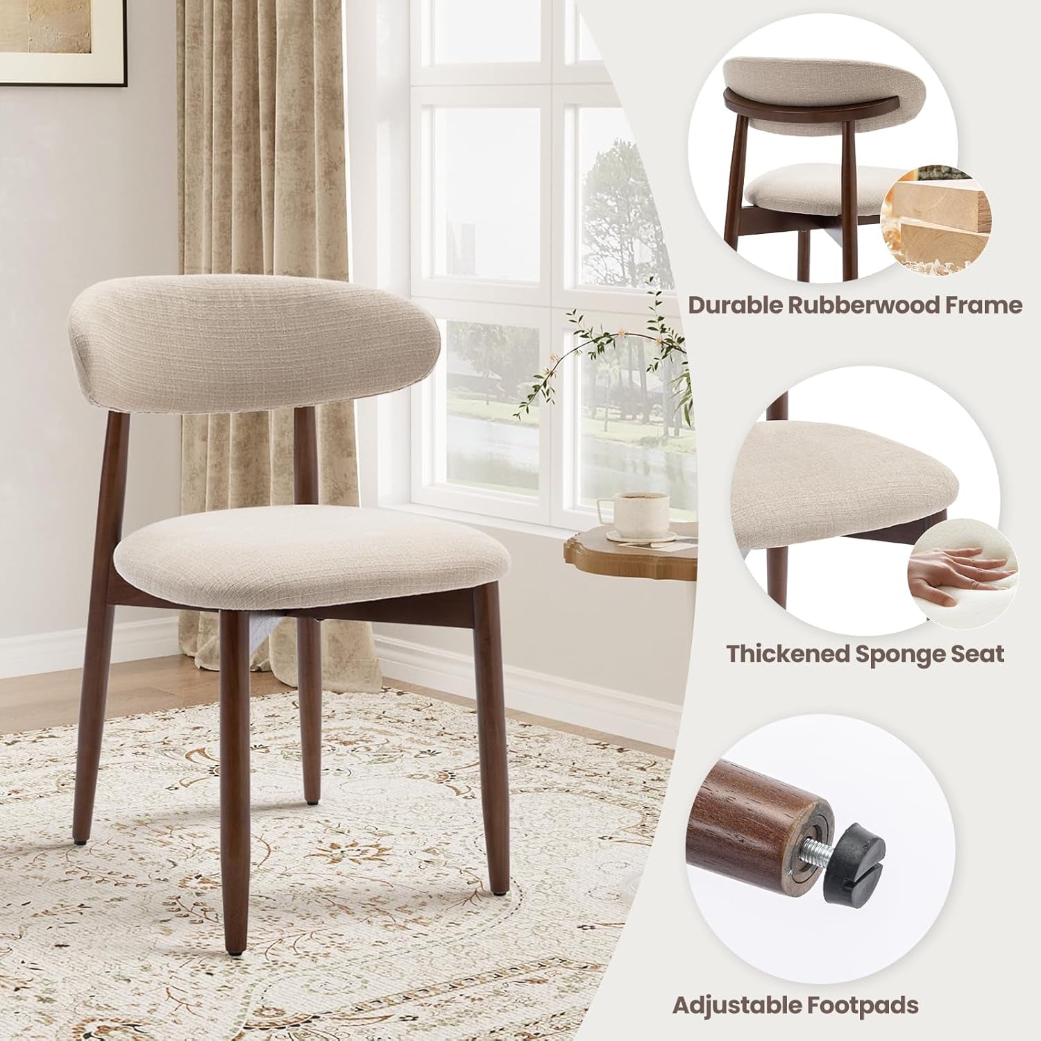 Beige chair with wooden legs in a room with a window and rug.