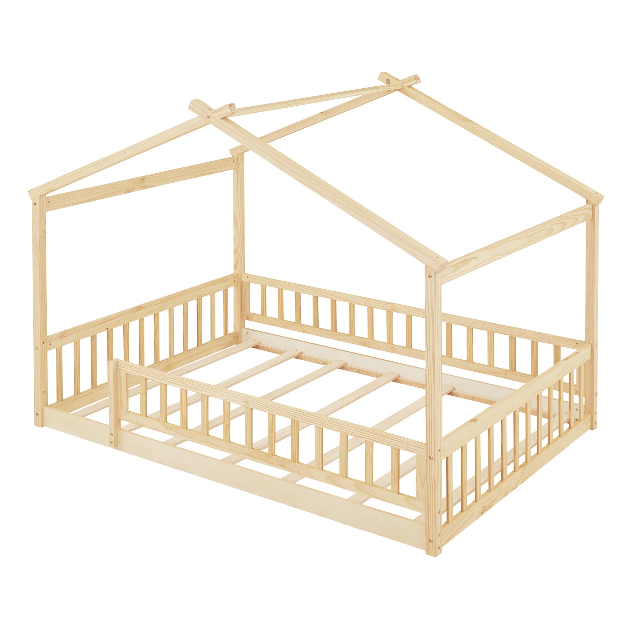 Wood Bed House Bed Frame with Fence, for Kids, Teens, Girls, Boys