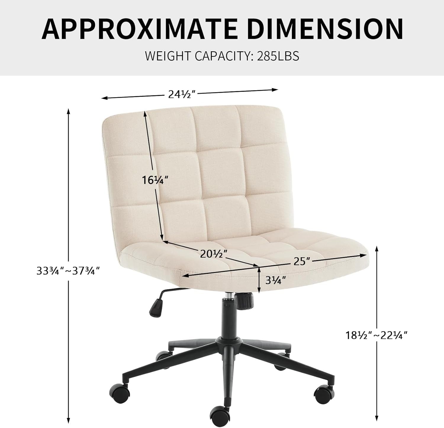 Beige office chair with dimensions and weight capacity on a white background