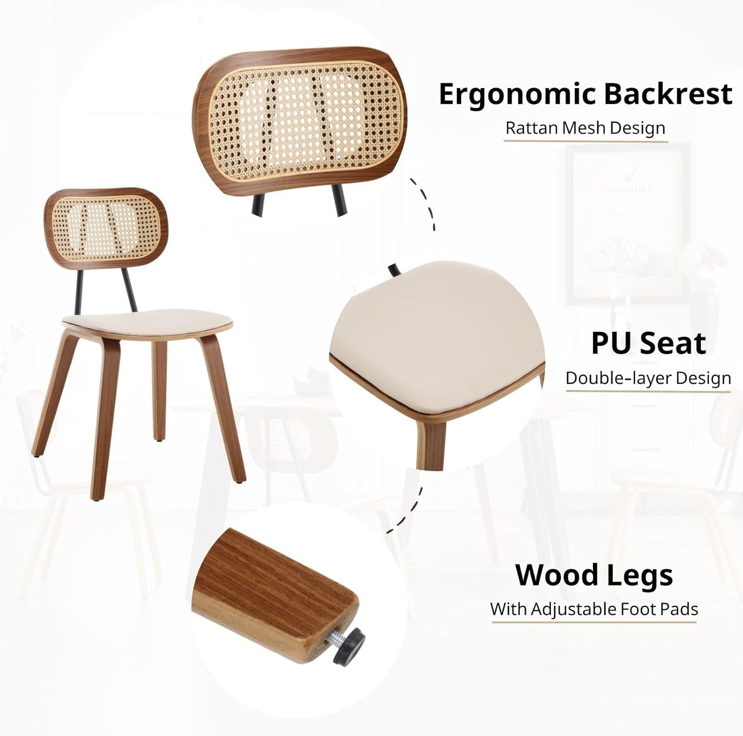 Chair with ergonomic backrest, PU seat, and wood legs on a white background