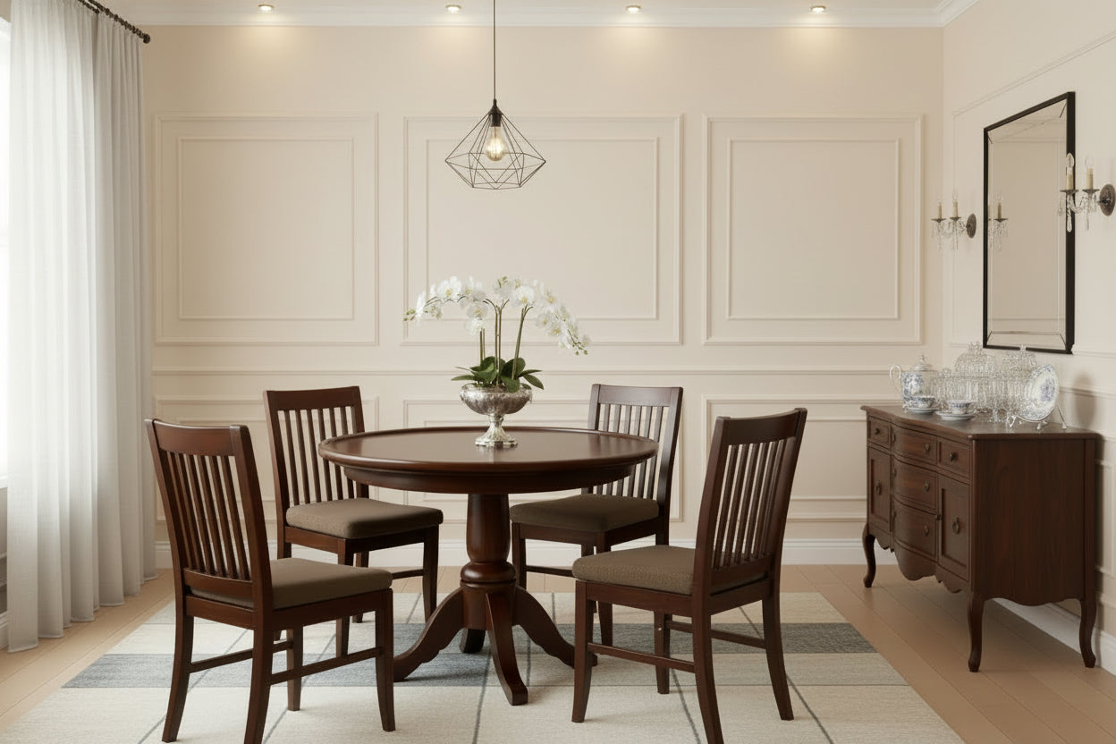 Dining room with a wooden table and chairs on a light gray rug.
