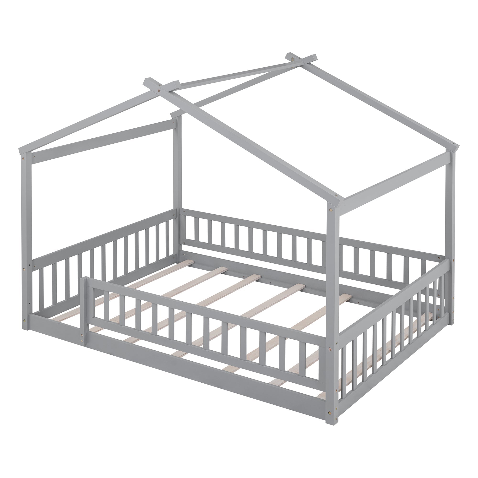 Wood Bed House Bed Frame with Fence, for Kids, Teens, Girls, Boys
