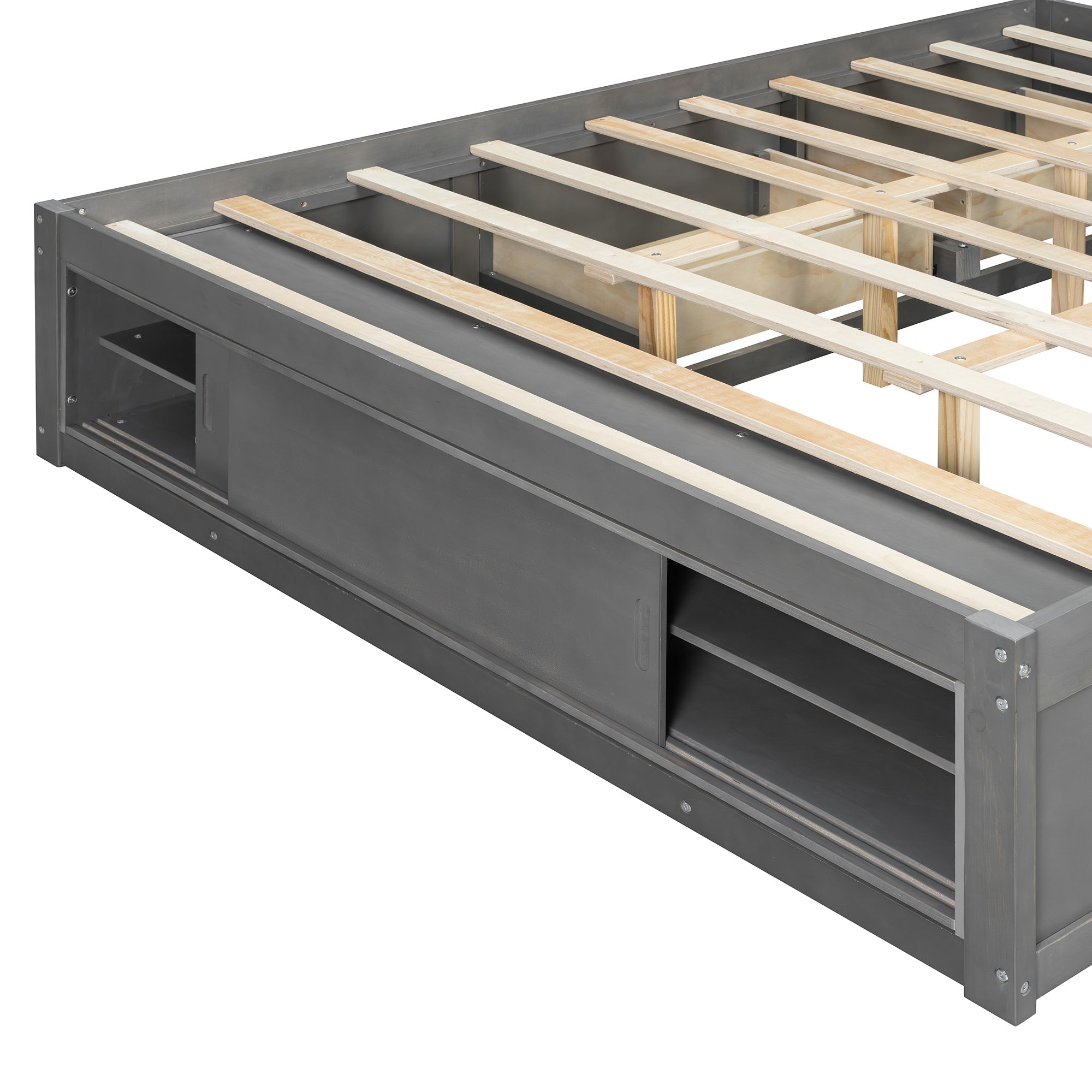 Platform Bed Frame with 4 Storage Drawers and Footboard Storage Cubby,