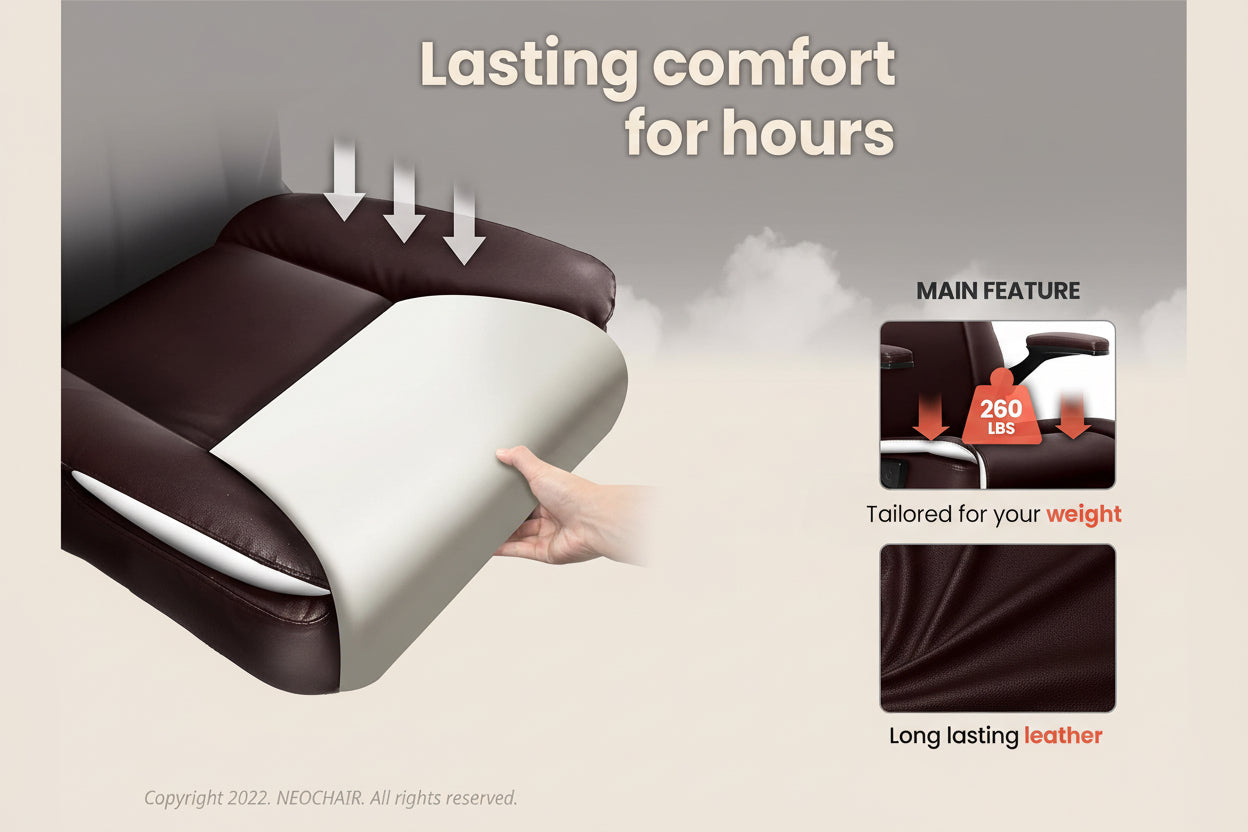 Neoprene seat cover for a chair with text highlighting comfort and features.