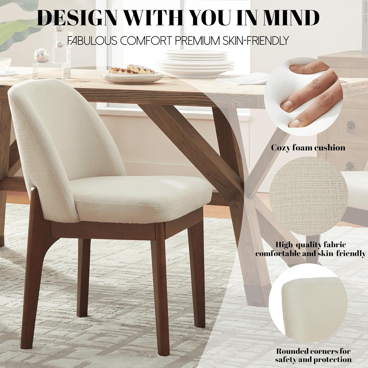 Dining chair with wooden frame and beige cushion on a table, with text highlighting features.
