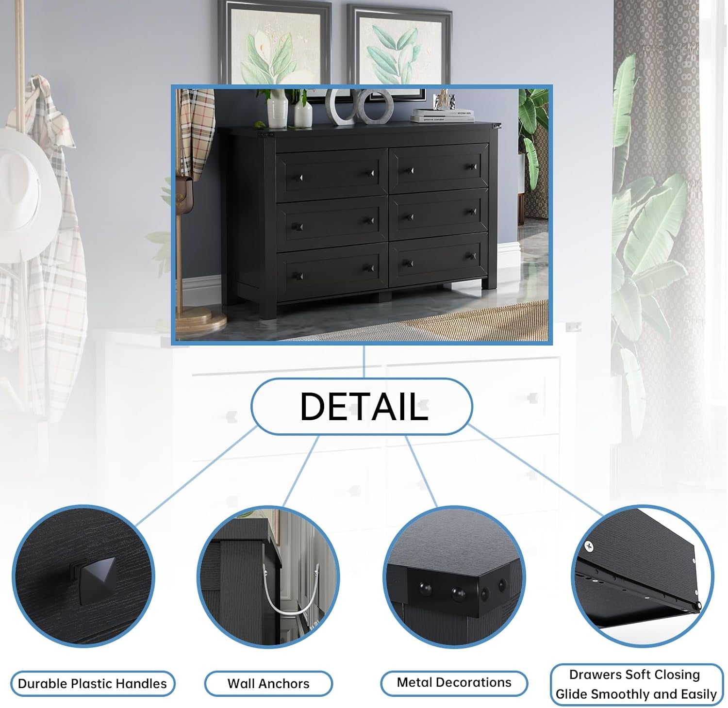 Black Dresser With 6 Drawers For Bedroom Modern Storage