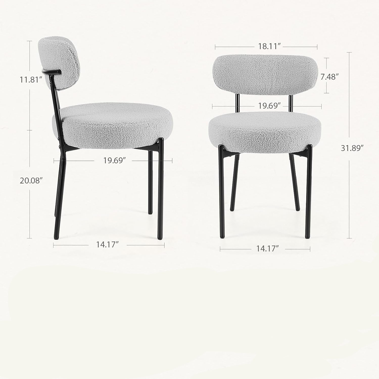 Two gray chairs with dimensions and weight information on a white background