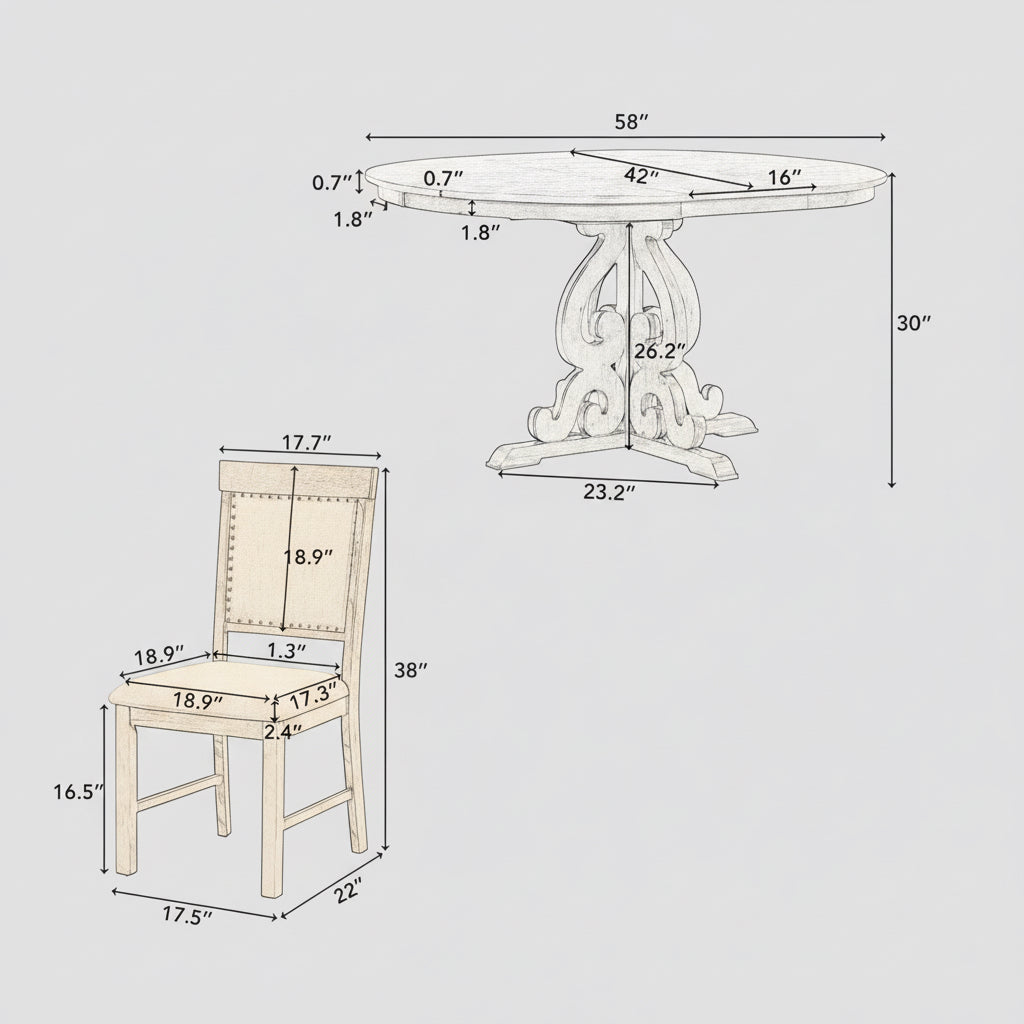 Dimensions of a round table and chair on a white background