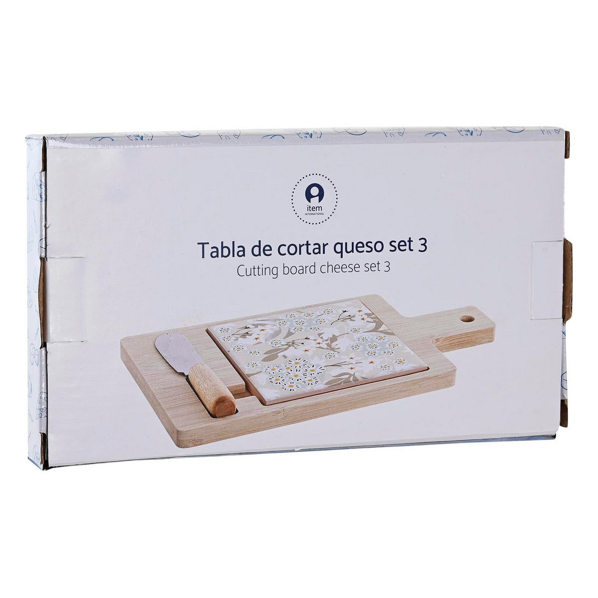 Box packaging of a cutting board and cheese set with a knife on a white background